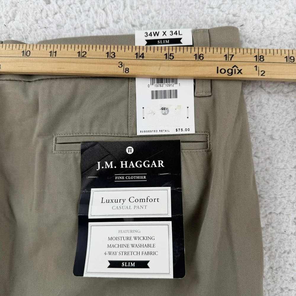 J.M. Haggar Luxury Comfort Chino Pants Mens 34x34 Beige Slim Fit HC00355 NWT